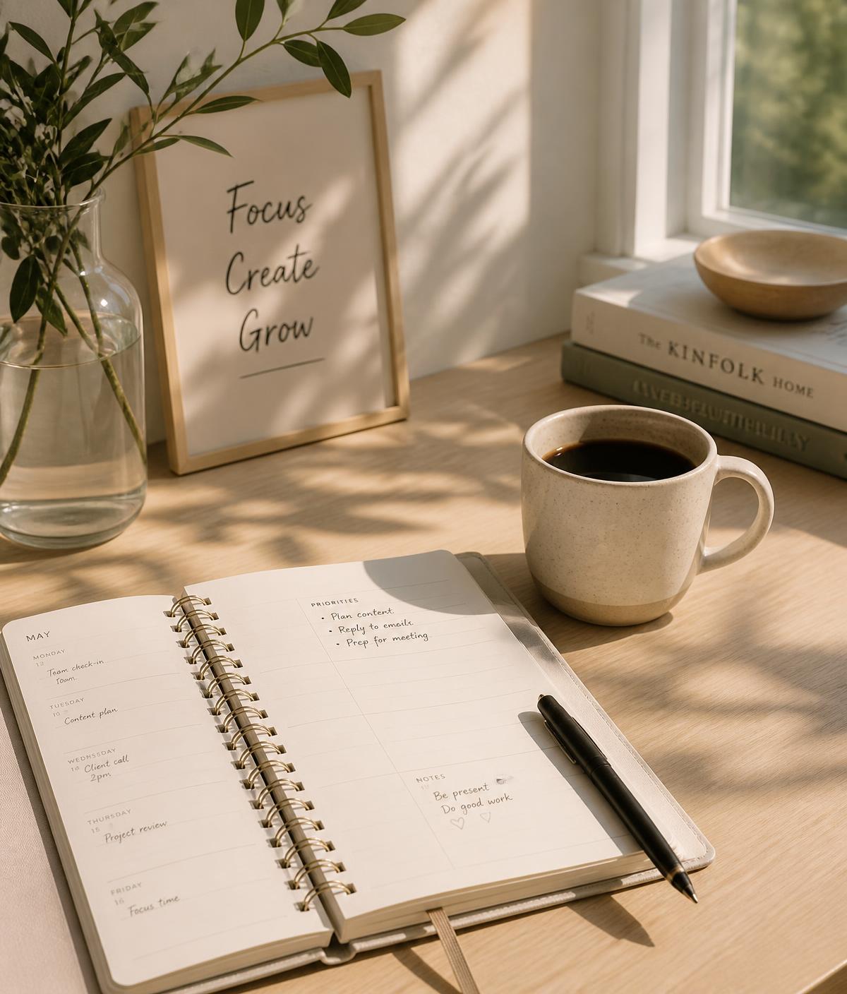 Espacio de trabajo minimalista con planner, taza de café y luz natural de la mañana